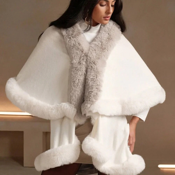 Elegant Knit Double-Layered Open With Faux  Fur Poncho Cape Cardigan - Picture 1 of 8